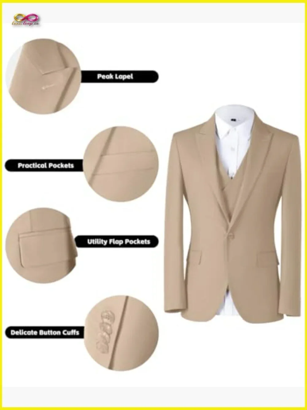 Slim Fit Double Breasted Suit Set Blazer Vest Pants Formal Business Tuxedo